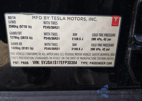 2014 Tesla Model S z USA, uszkodzony, nr VIN 5YJSA1S17EFP30384